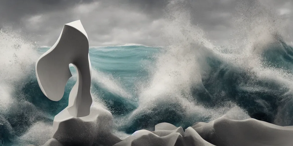 Prompt: titanium white abstract, contemporary statue in the middle of a stormy ocean, crashing waves, art direction by beeple, enigmatic scene, rembrandt lighting, y 2 k aesthetic, late 9 0 s cgi render, 4 k, high detail
