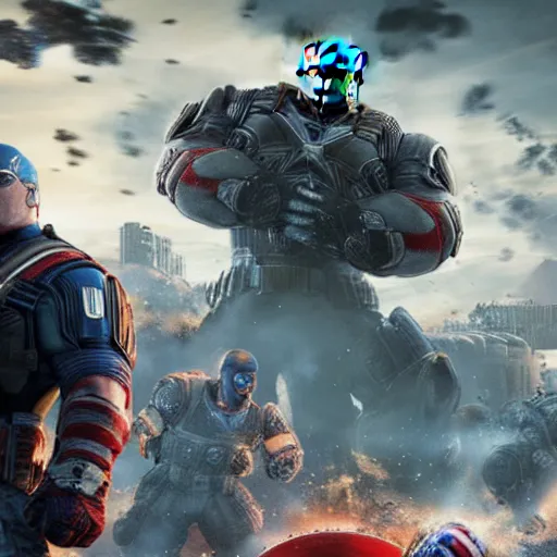 Prompt: Portrait! of President Donald Trump as ((captain america)) in Gears of War, patriotic, splash art, movie still, cinematic lighting, dramatic, octane render, long lens, shallow depth of field, bokeh, anamorphic lens flare, 8k, hyper detailed, 35mm film grain