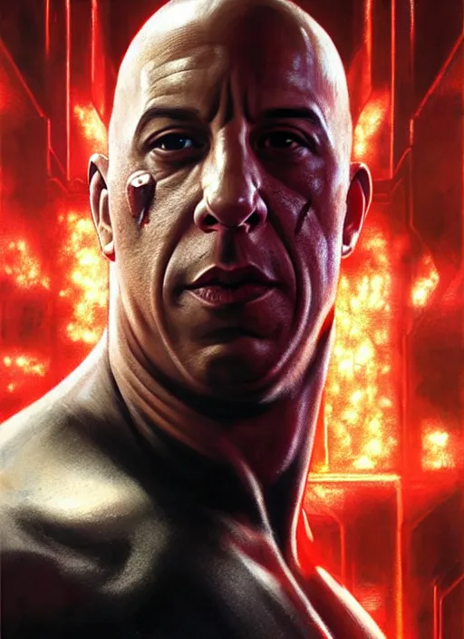 Image similar to vin diesel as victor stone, full body concept, cyborg, borg, strogg, face of a man, terminator, flesh, quake strogg, doom demon, wolfenstein, monstrous, powerful, symmetry, symmetrical, concept art by ruan jia and greg rutkowski