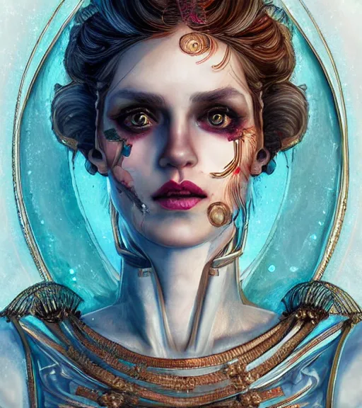 Image similar to beautiful female character inspired by venice carnival and russian icons ellen ripley | | digital artwork made by greg rutswork, anna dittmann and lois van barlee, symmetrical, anatomically correct