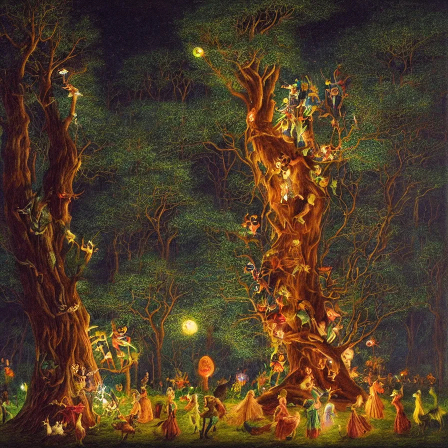 Image similar to a night carnival around a magical tree cavity, with a surreal orange moonlight and fireworks in the background, next to a big lake with iridiscent water, christmas lights, folklore animals and people disguised as fantastic creatures in a magical forest by summer night, masterpiece painted by edward robert hughes, dark night environment