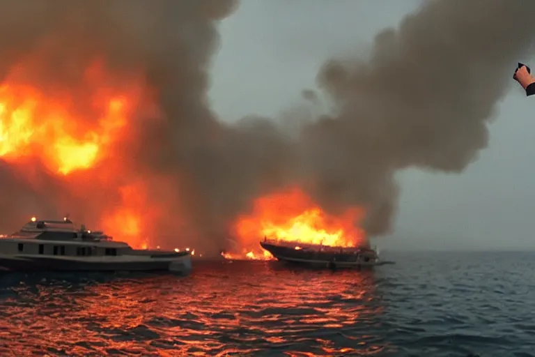 Image similar to a tourist taking a photo of a boat on fire in naples, cinematic shot, foggy, photo still from movie by denis villeneuve