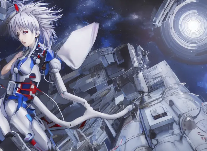 Image similar to This is a digital art piece by Yoshiyuki Sadamoto that is trending on artstation. It is a 8K UHD image of Rei Ayanami, a female anime character, inside a space station with technological rings. She is shot from the ground by Yoshiyuki Sadamoto. The environment is a concept design and the art is hyper realistic with intricate details.