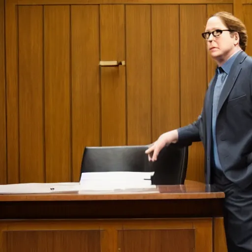 Image similar to James Spader as Alan Shore standing in a courtroom.