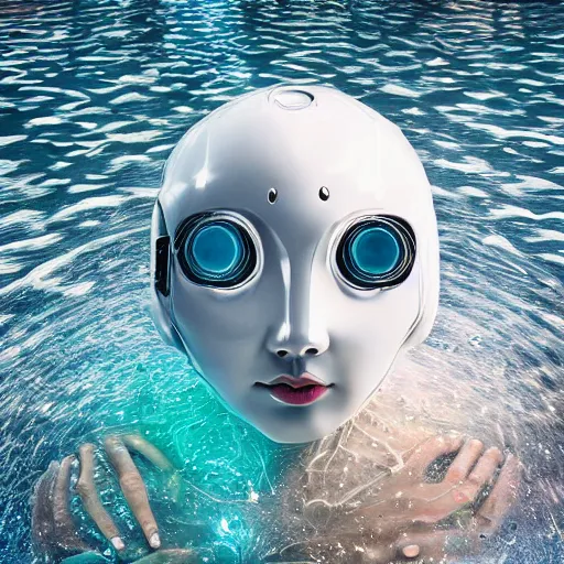 Image similar to beautiful centered fine art photo portrait of hoyeon jung as a solarpunk robotic humanoid treading on water below, white mechanical parts with led lights, ultra - detailed and intricate, white background, sun lighting, soft focus, slow exposure hdr 8 k