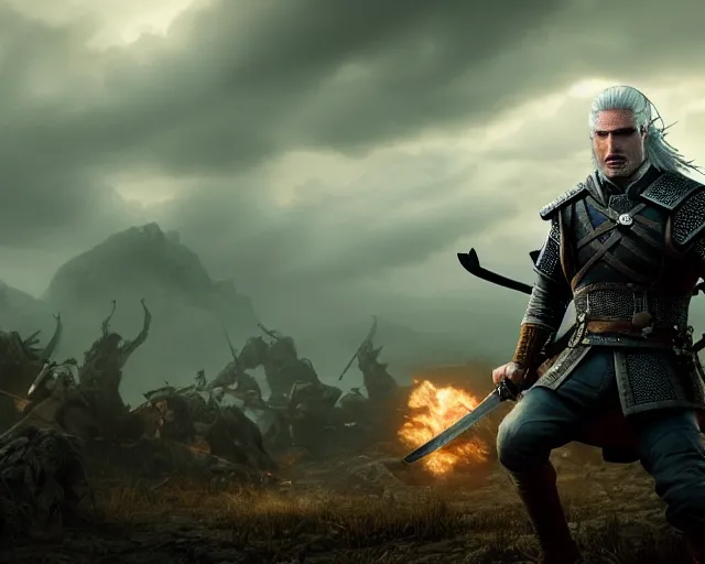 Image similar to 5 5 mm portrait photo of geralt fighting a 5 headed hydra. magical atmosphere. art by greg rutkowski. highly detailed 8 k. intricate. lifelike. soft light. nikon d 8 5 0.