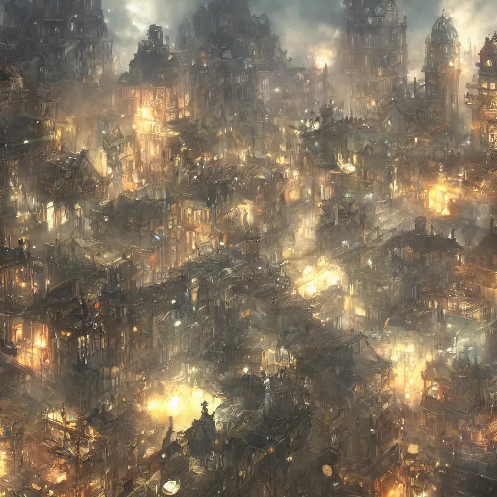 Image similar to steam punk city under attack, concept art, magic, light rain