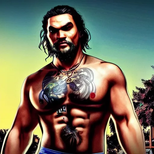 Prompt: jason momoa gta 5 cover art