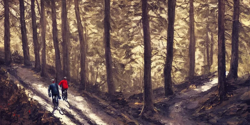 Prompt: Exactly two men biking alone up a steep forest hill. One with a deep dark blue sweater and the other with a wine red sweater. sweaty. Oil painting. Emotional. Trending on artstation. Steep. Nordic Trees. Rustic. Artistic.