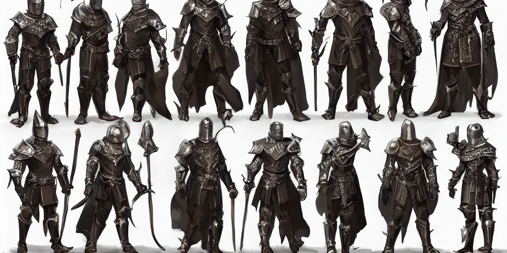 Image similar to medieval knights full body character sheet, beautiful intricate concept art by senior character artist, trending on artstation