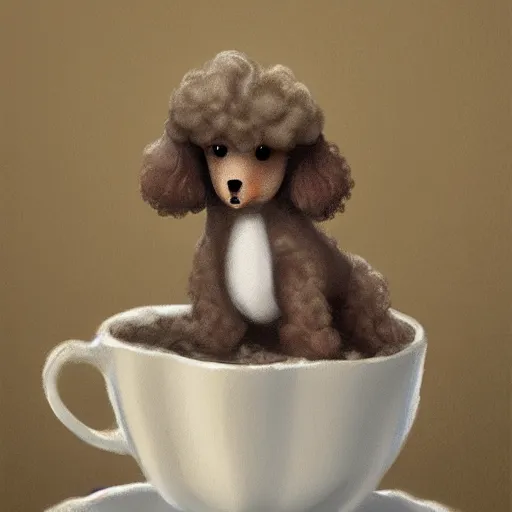 Image similar to Concept art of cute poodle sitting inside a tea cup