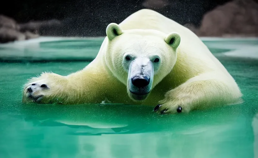 Prompt: gruesome polar bear, beautiful green liquid, green oozing pool pit, cinematic lighting, various refining methods, micro macro autofocus, ultra definition, award winning photo