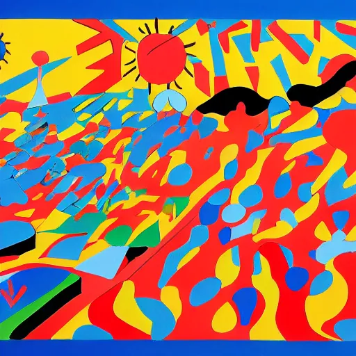 Prompt: cartoon hd illustration of the world on fire, inspired by matisse, malevich, david hockney, colorful, happy, trending on artstation, 4 k