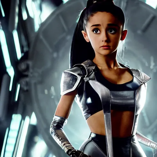 Image similar to cinematic still of ariana grande in alita : battle angel ( 2 0 1 9 ), xf iq 4, f / 1. 4, iso 2 0 0, 1 / 1 6 0 s, 8 k, raw, dramatic lighting, symmetrical balance, in - frame