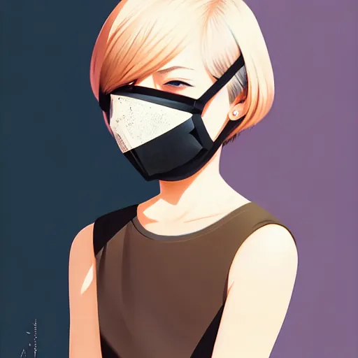 Prompt: urban girl fanart with black facemask, blond bob haircut, muted colors, matte print, pastel colors, ornate, digital art, cute smile, digital painting, fan art, elegant, pixiv, by ilya kuvshinov, by studio ghibli