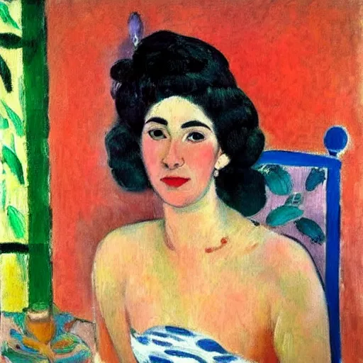 Image similar to A beautiful oil painting of a vivid impressionistic portrait of a woman, she is very beautiful, she smiles and looks straight at us, highly detailed, Matisse, fauvism