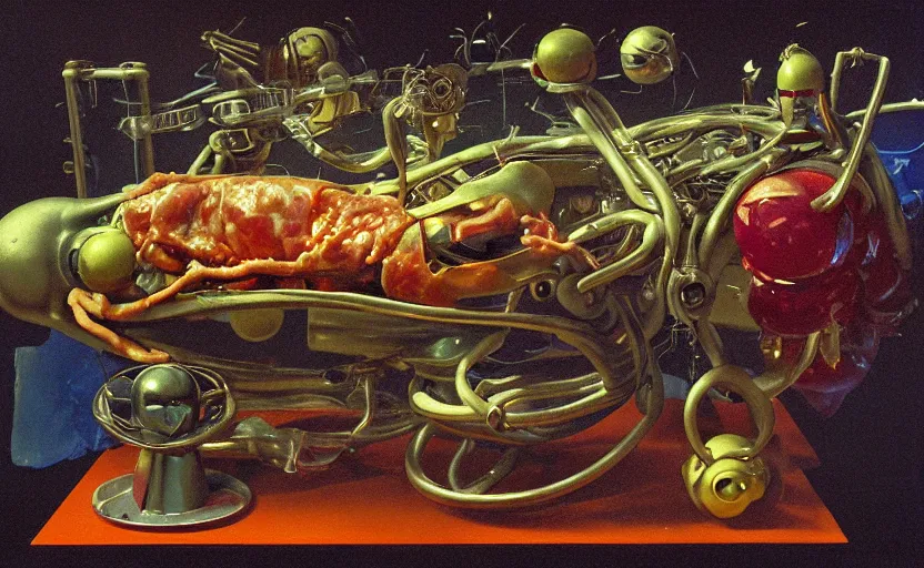 Image similar to strange seductive futuristic robot body, enticing colorful oil painting dutch golden age vanitas still life sparse composition with bulbous objects strange gooey transparent surfaces shiny metal reflections bizarre mutant meat insects rachel ruysch dali todd schorr very detailed perfect composition rule of thirds masterpiece canon 5 0 mm, cinematic lighting, photography, retro, film, kodachrome