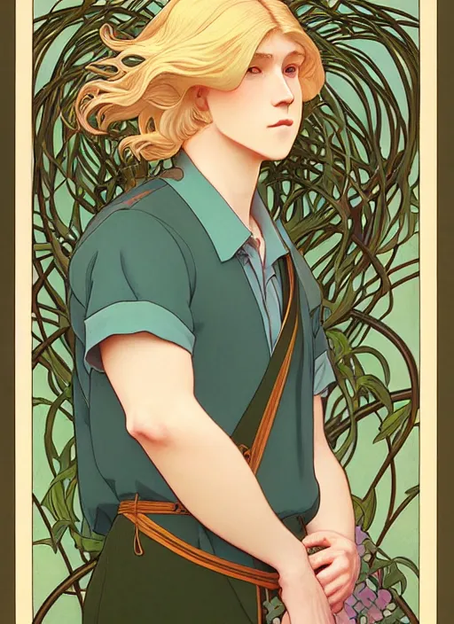 Image similar to pretty young man with shoulder length blond hair, male, half body shot, path traced, highly detailed, high quality, digital painting, by studio ghibli and alphonse mucha, leesha hannigan, hidari, art nouveau, chiho aoshima