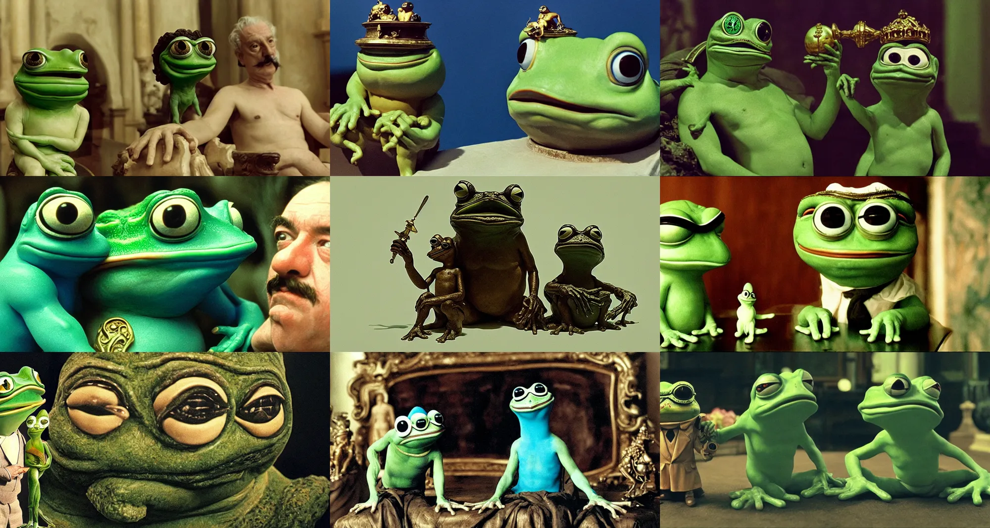 Prompt: the salvador dali as emperor of universe and pepe the frog as a small statue | still frame from the movie by ridley scott with cinematogrophy of christopher doyle and art direction by hans giger, anamorphic lens, 8 k