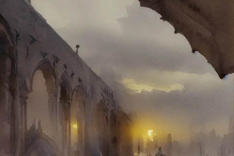 Prompt: small centered on watercolor paper, paint brush strokes, abstract watercolor painting of foggy dawn, ancient arabian mosque castle, cinematic light, national romanticism by hans dahl, by jesper ejsing, by anders zorn, by greg rutkowski, by greg manchess, by tyler edlin