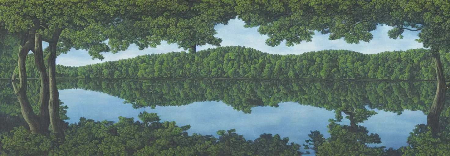 Image similar to escher painting of a lake, big trees reflecting on lake surface, ultra sharp, ultra detailed, colorized by salvador