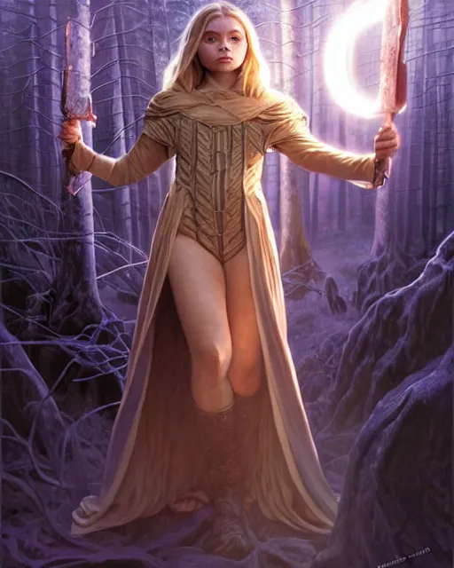 Prompt: young mage chloe grace moretz opening a summoning portal with an iron golem, blonde braided hair, dark forest, heavy cloak and chemise, intricate, elegant, highly detailed, digital painting, artstaion, concept art, smooth, sharp, focus, illustration, art by artgerm and greg rutkowski and alphonse mucha