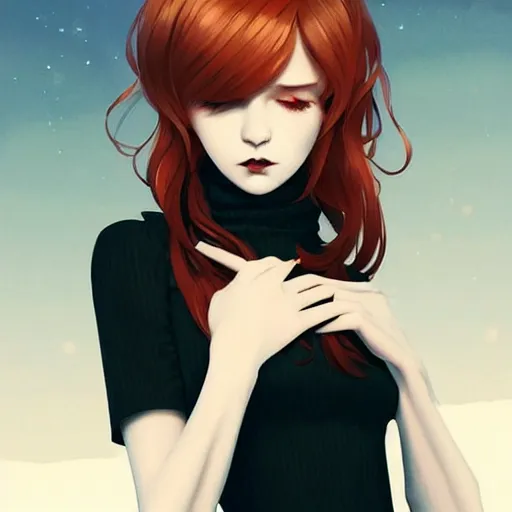 Image similar to beautiful pale vampire with auburn hair in a white turtleneck dress, on a super yacht, by guweiz and wlop and ilya kuvshinov and and moebius and bilal and artgerm, symmetrical eyes, aesthetic, gorgeous, stunning, alluring, attractive, half body portrait, artstation, deviantart, pinterest, digital art