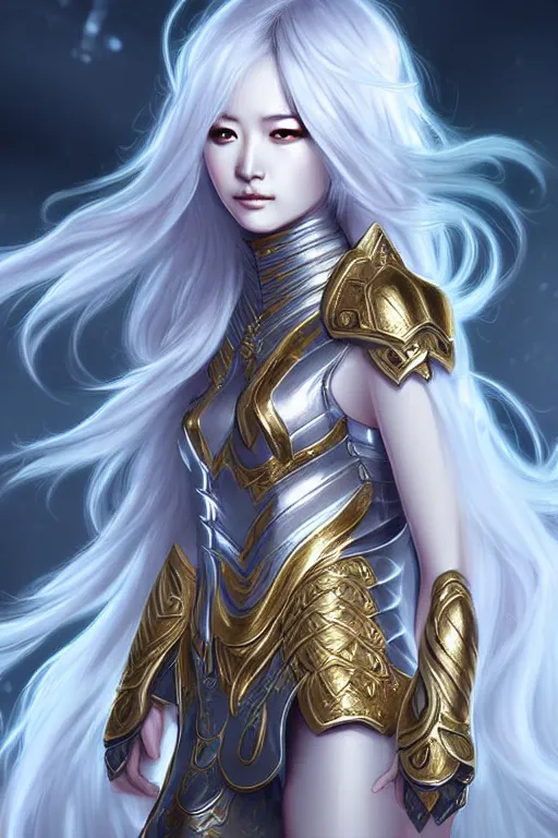 Prompt: digital art, sakimi chan, standing, detailed face, silver fantasy armor with gold filagree, detailed face, tony sart