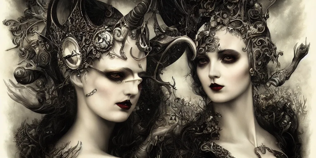 Prompt: By Tom Bagshaw, ultra realist soft painting of curiosities carnival by night, very beautiful horn sleeping female gothic wearing corset, partial symmetry features, very intricate details, omnious sky, black and white, volumetric light clouds