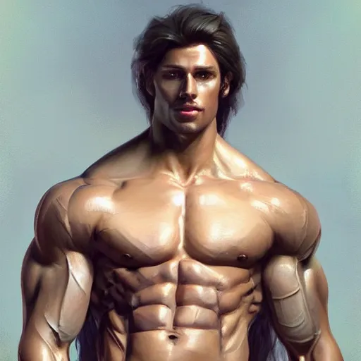 Prompt: a handsomely muscular man [ attaining lengthy brown hair ]!!, portrait!!, digital art!!, 3 d modeling, posing!!, illustration, digital illustration, trending on cgsociety, [ conceptual art ]!!, [ rigidly defined abs ]!!, painted by greg rutkowski and gaston bussiere