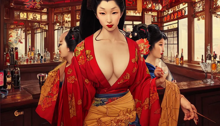 Image similar to evil geisha in a bar, perfectly-centered-Portrait of the most beautiful asian woman on the planet, insane, intricate, highly detailed, digital painting, artstation, concept art, smooth, sharp focus, illustration, Unreal Engine 5, 8K, art by artgerm and greg rutkowski and alphonse mucha