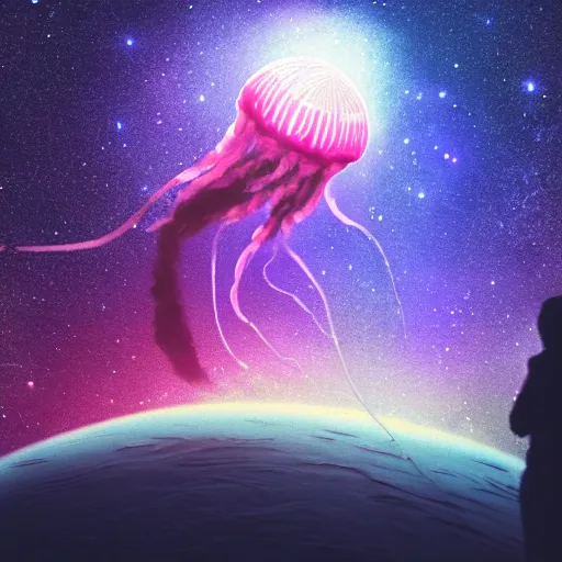 Image similar to over the shoulder photo of a man watching a magic glowing jellyfish in glowing cosmic stardust, colorful stars, galaxies, space, award winning photo, intricate, high detail, atmospheric, desolate, artstation