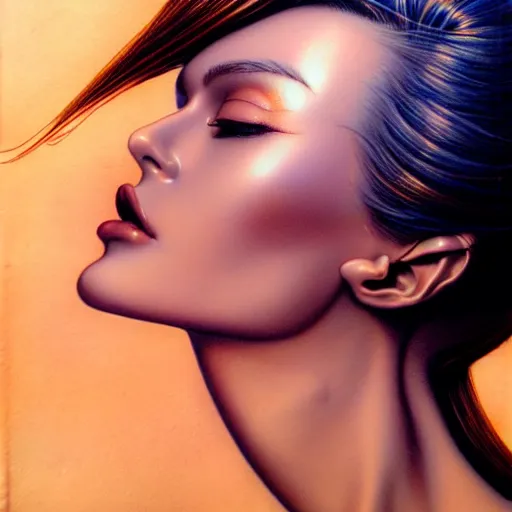 Image similar to beautiful woman kissing a knight, confident pose, blue sky, art by peter lloyd 1 9 8 0, airbrush style, art by hajime sorayama,, intricate, elegant, sharp focus, illustration, highly detailed, concept art, matte, sharp focus, illustration, highly detailed, concept art, h 6 4 0