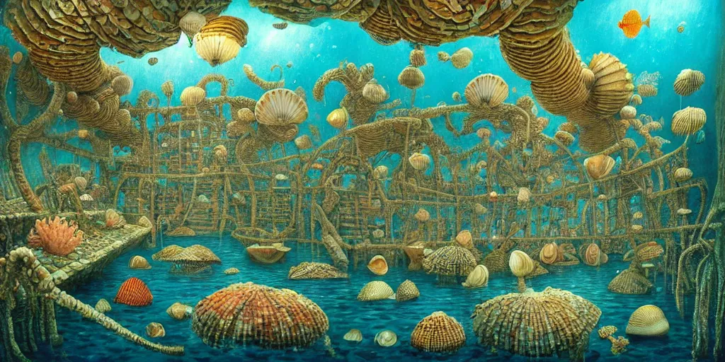 Image similar to underwater city inside!! the seashell, man in the swimming suit walks, seaweed, corals, carps, koi fish, small scandinavian!!! houses, little people!!!, by jacek yerka by levitan, surrealistic painting, masterpiece, oil painting, sharp focus, highly detailed, intricate, smooth, 8 k,