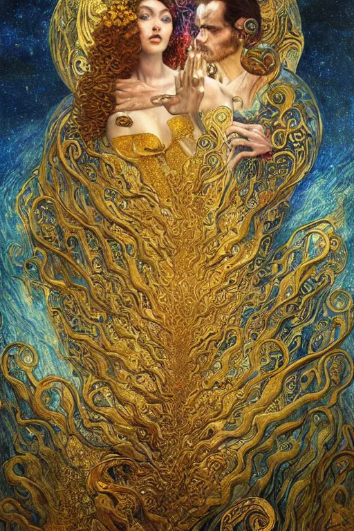 Prompt: Visions of Paradise by Karol Bak, Jean Deville, Gustav Klimt, and Vincent Van Gogh, visionary, otherworldly, fractal structures, infinite celestial wings, ornate gilded medieval icon, third eye, spirals, heavenly spiraling clouds with godrays, airy colors