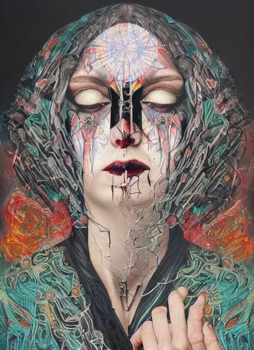 Image similar to tripping cult magic psychic woman, subjective consciousness psychedelic, epic occult ritual symbolism story iconic, dark robed witch, oil painting, robe, symmetrical face, greek dark myth, by Sandra Chevrier, Anna Dittman, masterpiece