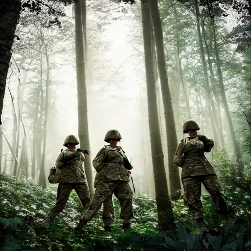 Prompt: group of female soldiers, searching through iridescent woods, makeshift camp, aerial photography, eerie, beautiful, stunning, intricate detail, cinematic, award winning photography