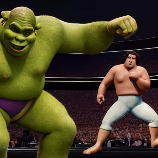 Image similar to shrek vs andre the giant at wrestlemania 8, dramatic lighting, intense battle 8k