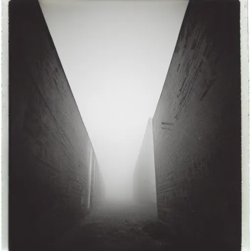 Image similar to a towering concrete wall thay reaches into the sky with small street lamps in front of it, foggy, night, dark, old polaroid, expired film, megalophobia,