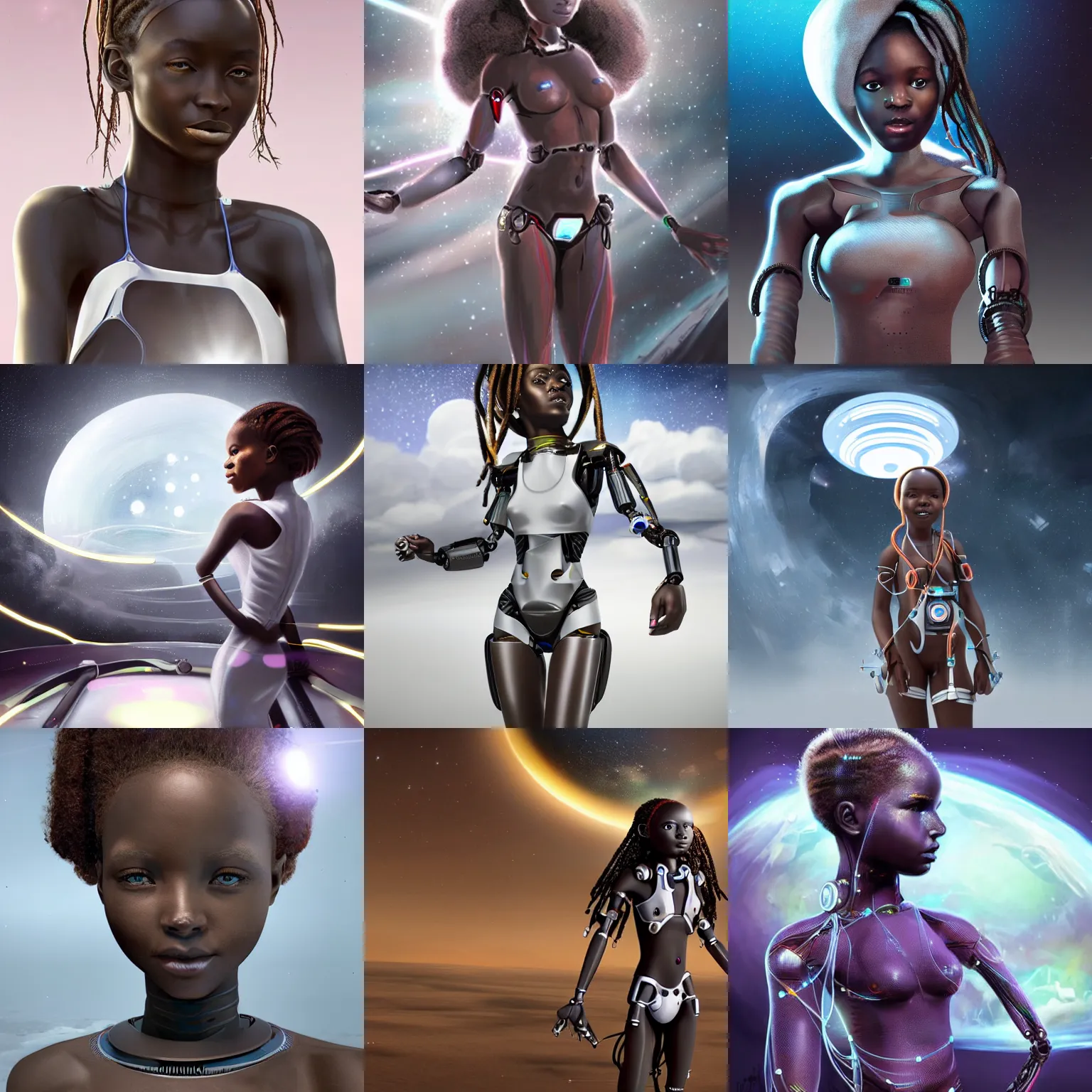 Prompt: concept art of beautiful futuristic himba girl with robotic arms and optical fiber hair in a white space station, hyperrealistic, sci - fi