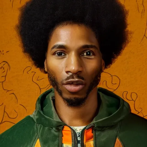Image similar to photograph of a black man with afro hair wearing an army green adidas jacket and detailed face, riding an orange colored detailed anotamically correct bull!!!!, renaissance style painting