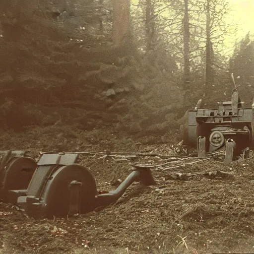 Prompt: film still of a military compound during ww 2 in the forest, big anti aircraft gun between 2 buildings, trenches dug around the perimeter, filmgrain, zeiss lens, redshift, octane, foggy diffused lighting