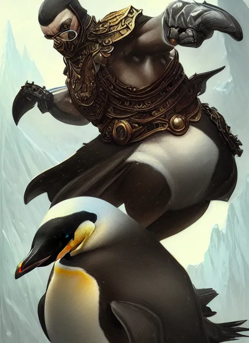 Image similar to portrait of aggressive penguin humanoid, d & d, muscular! fantasy, intricate, elegant, highly detailed, digital painting, artstation, concept art, smooth, sharp focus, illustration, art by artgerm and greg rutkowski and alphonse mucha