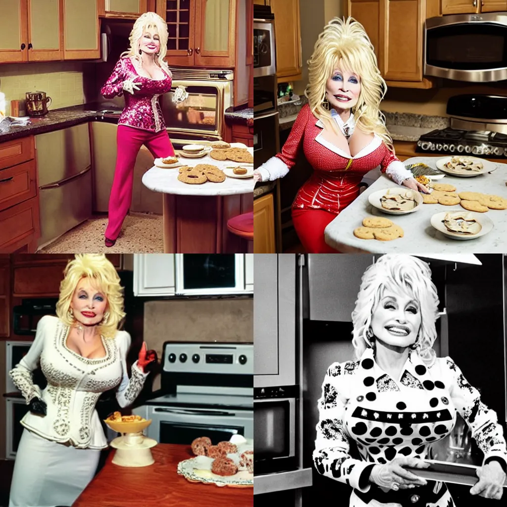 Prompt: Dolly Parton in a fancy deluxe kitchen, wearing a cat costume, baking cookies.