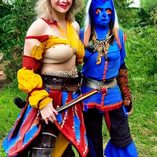 Prompt: full shot photo of a female jester warrior with waepons