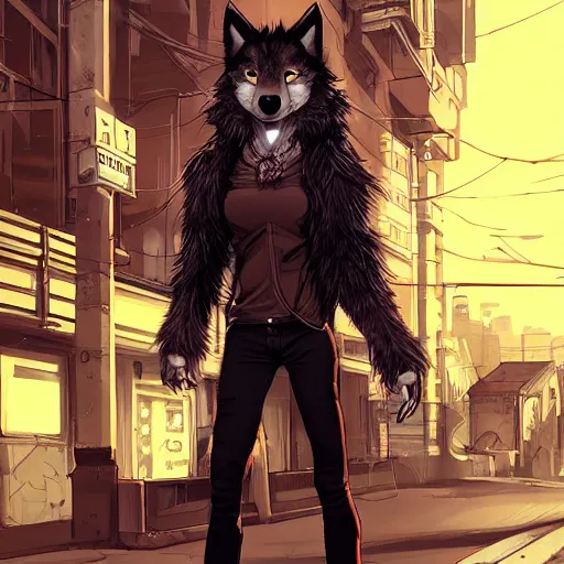 Image similar to beautiful furry art portrait commission of a furry anthro wolf fursona wearing punk clothes in the streets of a cyberpunk city. character design by charlie bowater, ross tran, rick griffin, miles df, detailed, inked, western comic book art