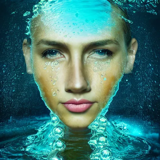 Image similar to water artwork manipulation in the shape of a human head, on the ocean water, futuristic, neon, magma, ray tracing, realistic water sharp focus, long shot, 8 k resolution, cinematic, surreal water art