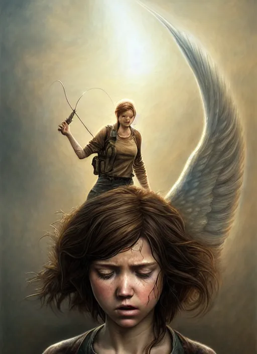 Image similar to ellie from last of us 2 as an angel, fine art, intricate, elegant, highly detailed, realistic hair, centered, digital painting, art station, conceptual art, soft, sharp focus, illustration, artwork, artgerm, tomasz alen kopera, peter mohrbacher, donato giancola, wlop, boris vallejo