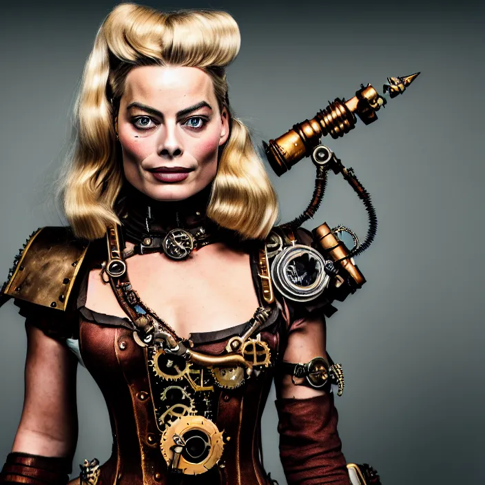 Image similar to full length portrait photograph of a margot robbie as a steampunk warrior. Extremely detailed. 8k