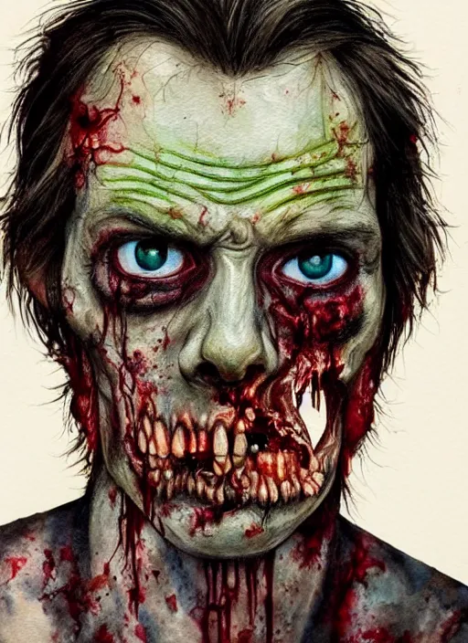 Prompt: zombie hollywood professional acting headshot, hyperrealism, intricate detailed, studio lighting, charming expression gesicht, watercolor art, drawn and painted, colored layers, dulled contrast, exquisite fine art